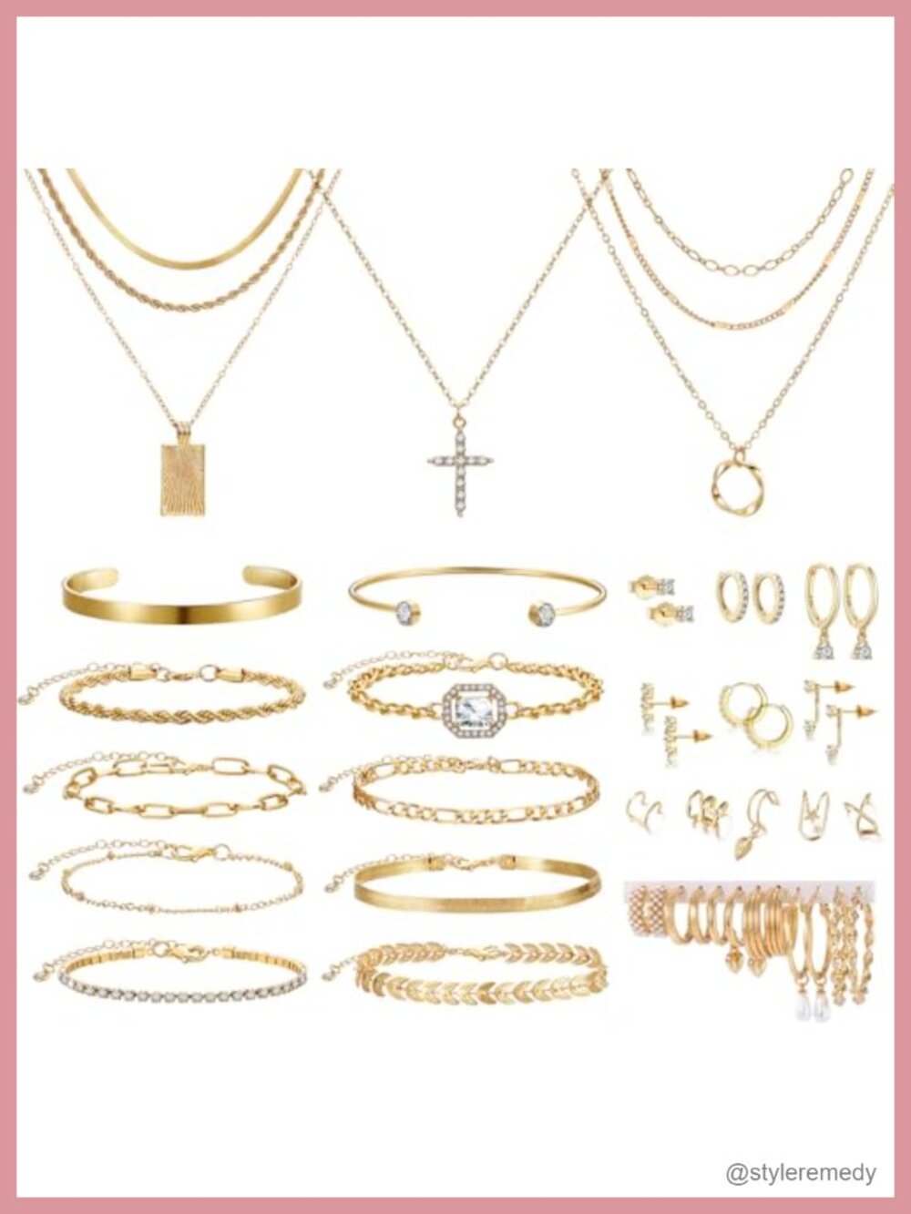 Gold Plated Jewelry Set with Necklaces, Bracelets, Rings, Earrings